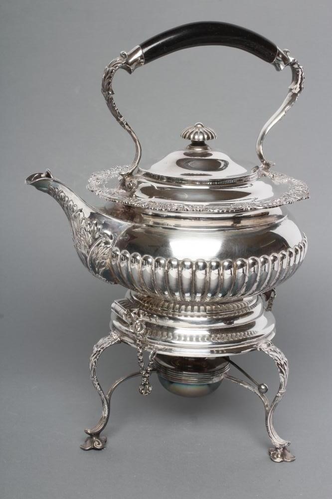 AN EDWARDIAN SILVER SPIRIT KETTLE ON STAND WITH BURNER Image