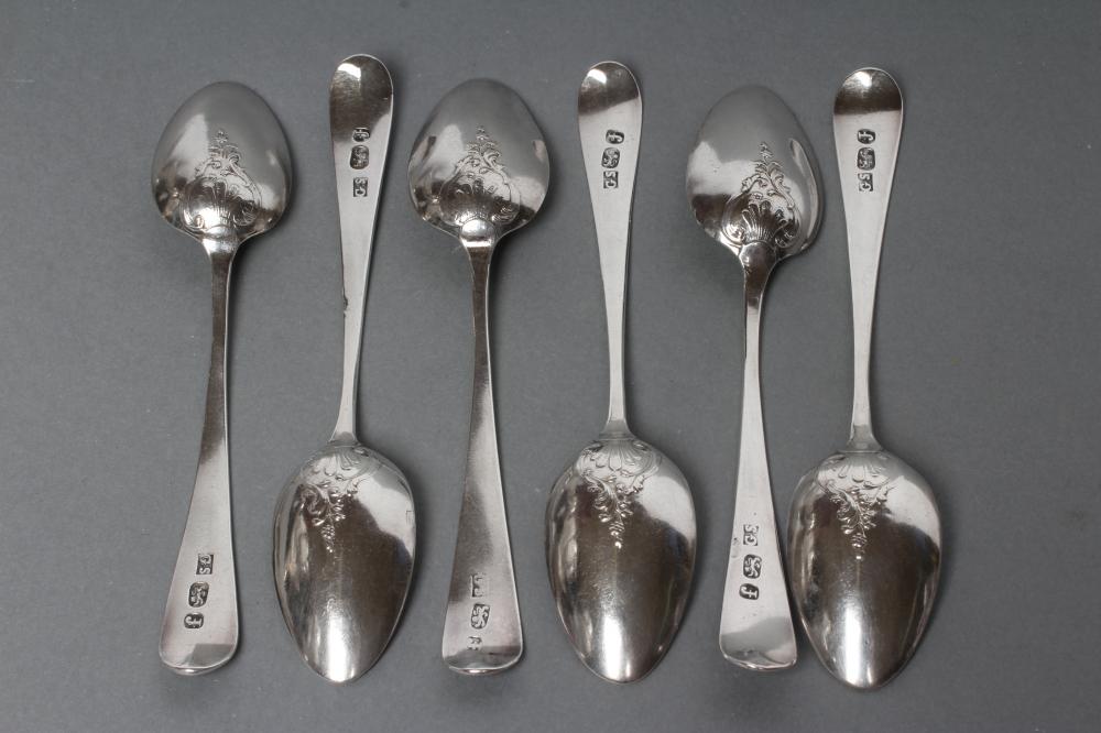 A SET OF SIX GEORGE III FANCY BACK SILVER TEASPOONS Image