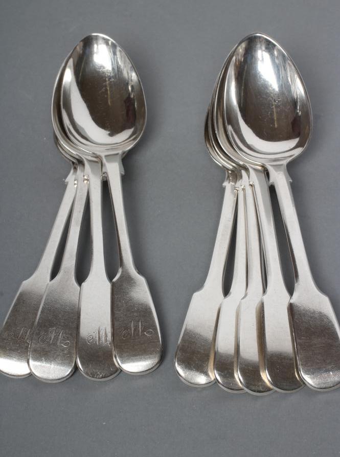 A SET OF FIVE WILLIAM IV SILVER DESSERT SPOONS Image
