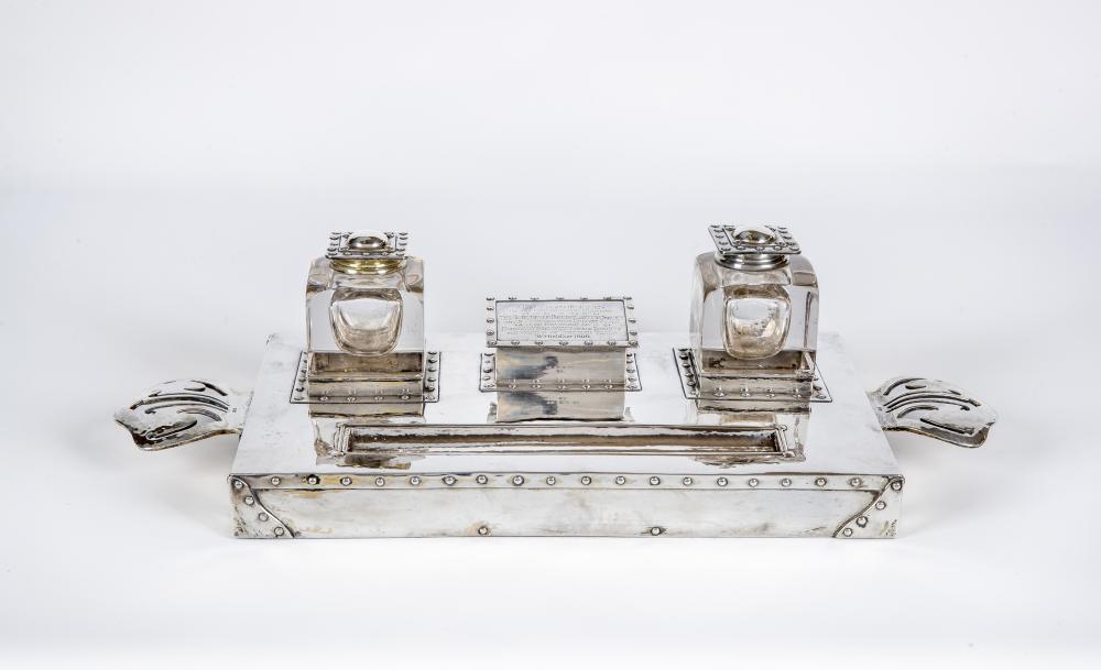 AN EDWARDIAN ARTS AND CRAFTS SILVER LARGE DESK STANDISH Image