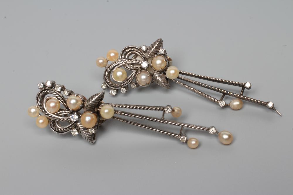 A PAIR OF PEARL AND DIAMOND DROP EARRINGS Image