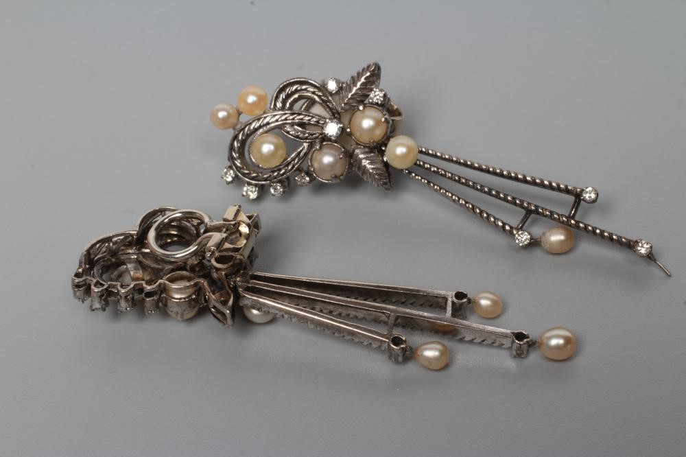 A PAIR OF PEARL AND DIAMOND DROP EARRINGS Image