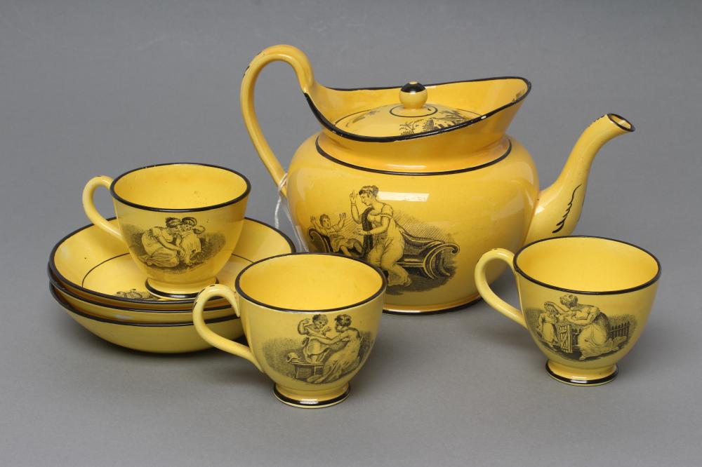 A STAFFORDSHIRE CANARY YELLOW EARTHENWARE PART TEA SERVICE Image