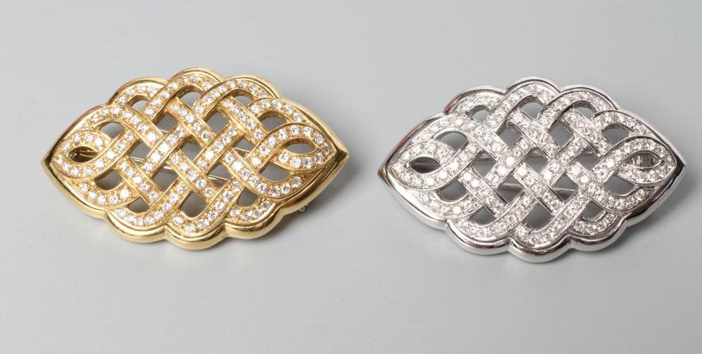 A PAIR OF DIAMOND CLIP BROOCHES of lobed lozenge form Image