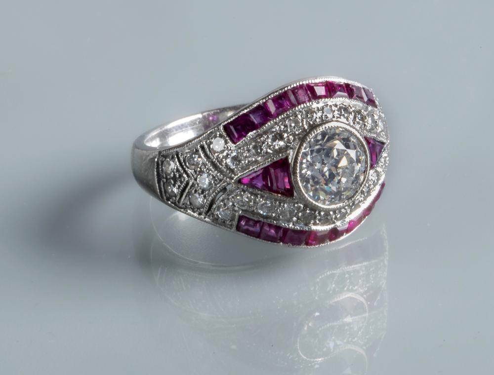 AN ART DECO DIAMOND AND RUBY RING Image