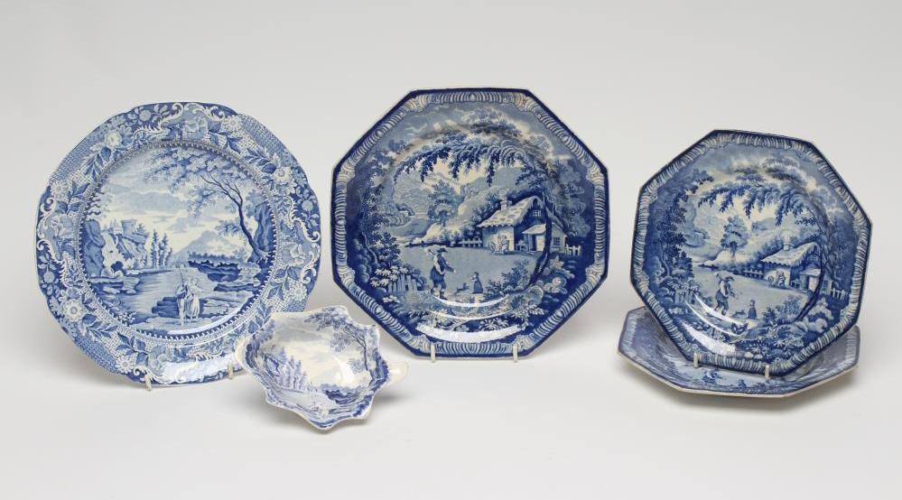 A COLLECTION OF BRAMELD PEARLWARE comprising a pair of octagonal "Returning Woodman" plates Image