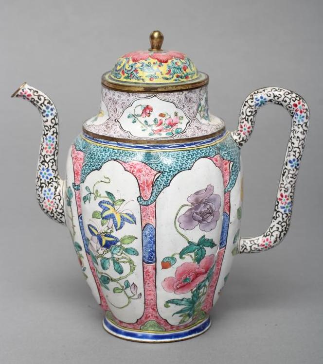 A CANTON ENAMEL WINE POT AND COVER of lobed cylindrical form with slender angular handle and curved Image