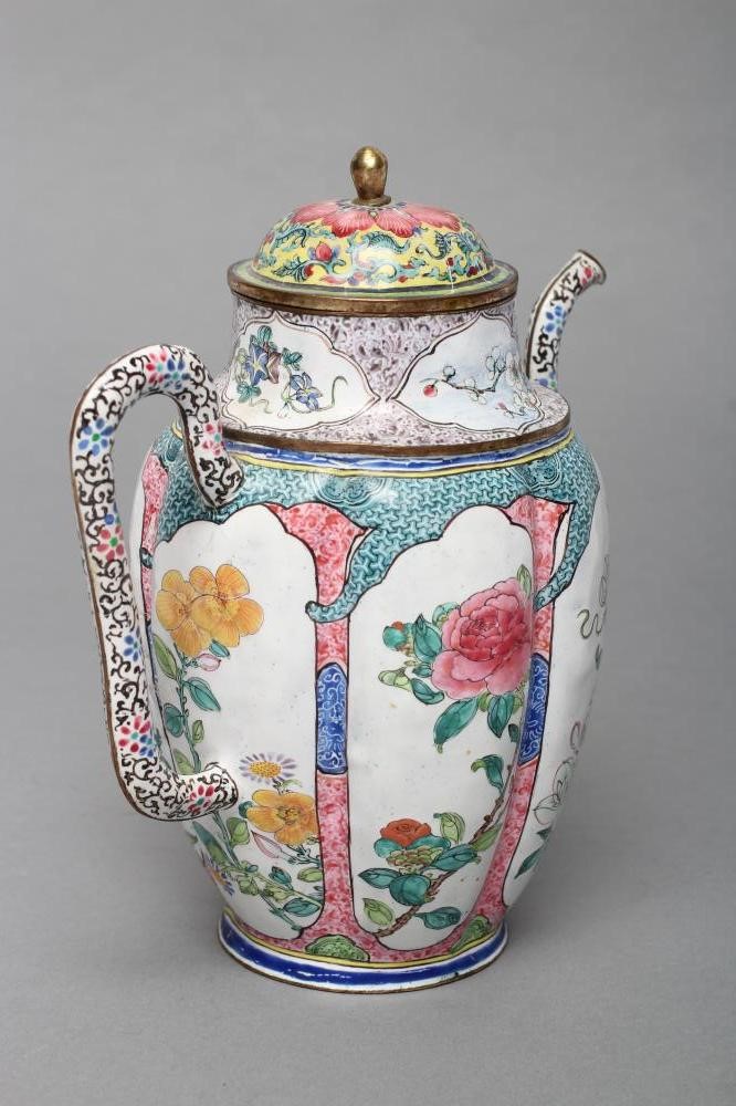 A CANTON ENAMEL WINE POT AND COVER of lobed cylindrical form with slender angular handle and curved Image