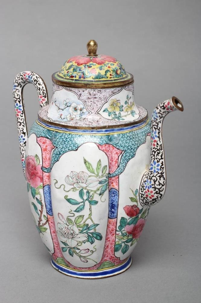 A CANTON ENAMEL WINE POT AND COVER of lobed cylindrical form with slender angular handle and curved Image