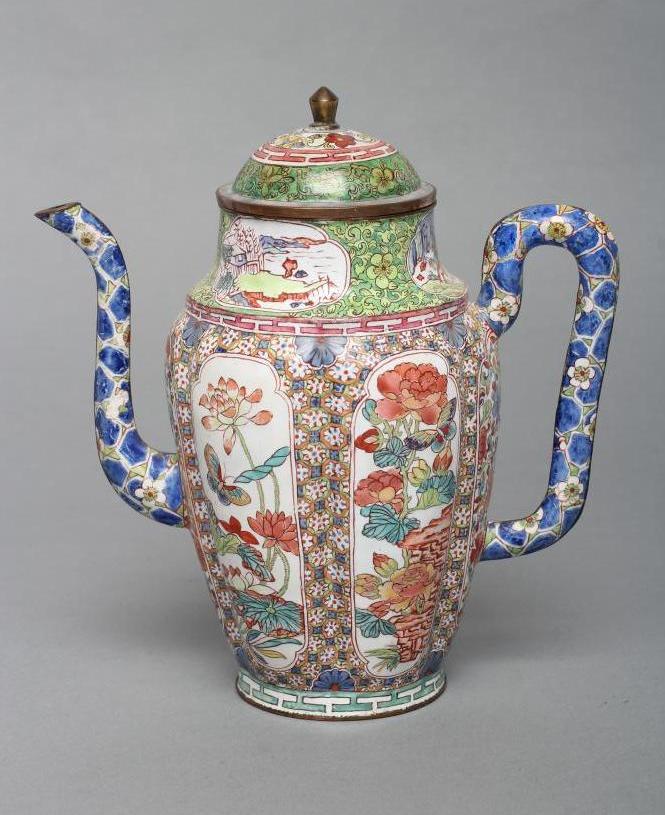 A CANTON ENAMEL WINE POT AND COVER of lobed cylindrical form with slender angular handle and curved Image