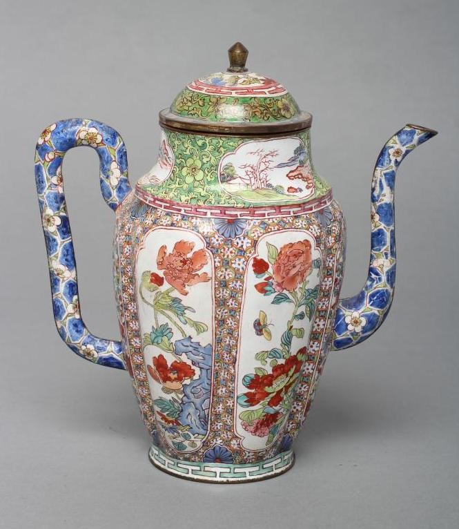 A CANTON ENAMEL WINE POT AND COVER of lobed cylindrical form with slender angular handle and curved Image