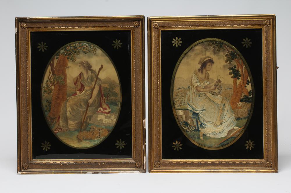 A PAIR OF GEORGIAN SILKWORK OVAL PANELS worked in coloured silks and chenille with various stitches Image