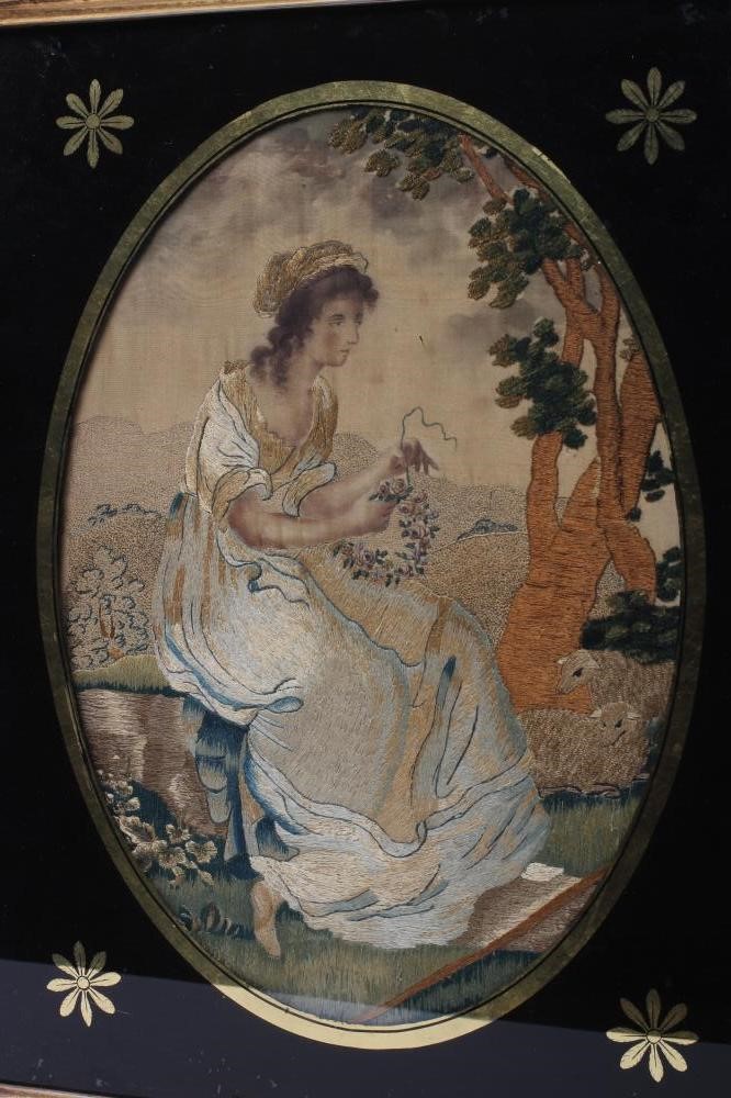 A PAIR OF GEORGIAN SILKWORK OVAL PANELS worked in coloured silks and chenille with various stitches Image