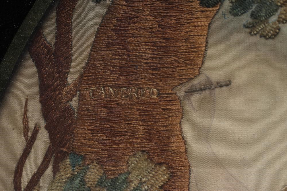 A PAIR OF GEORGIAN SILKWORK OVAL PANELS worked in coloured silks and chenille with various stitches Image