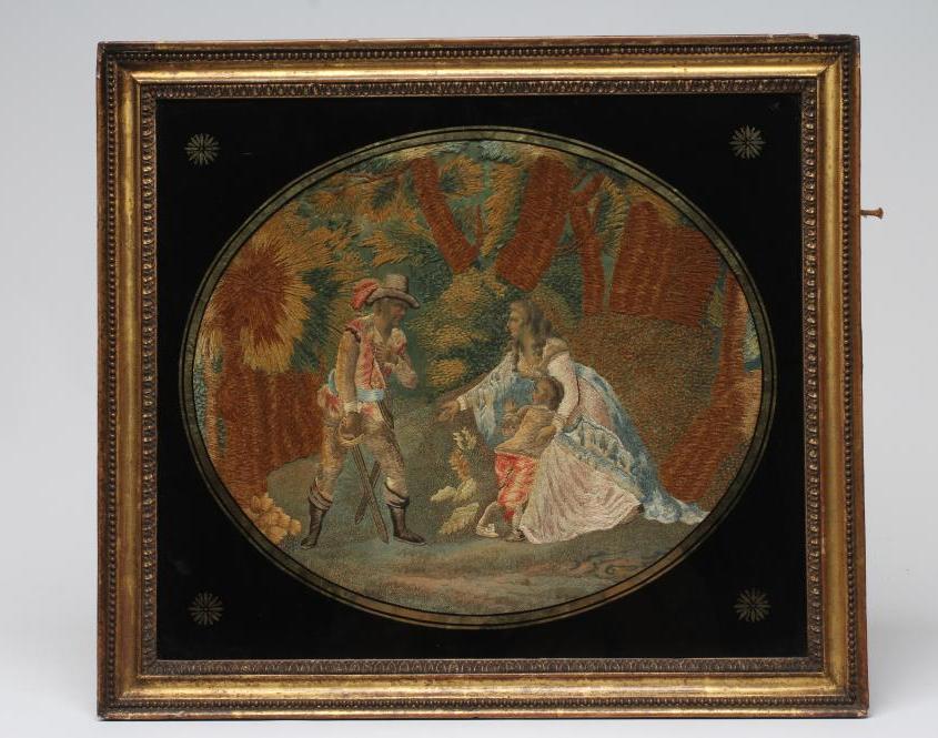 A GEORGIAN SILKWORK OVAL PANEL worked in coloured silks and chenille with various stitches depicting Image