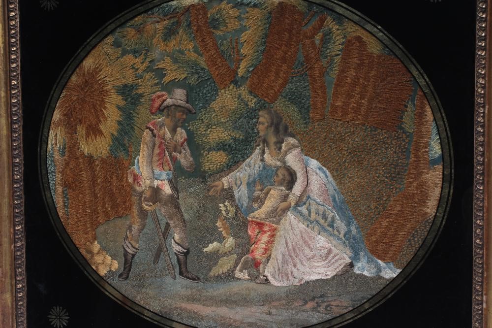A GEORGIAN SILKWORK OVAL PANEL worked in coloured silks and chenille with various stitches depicting Image