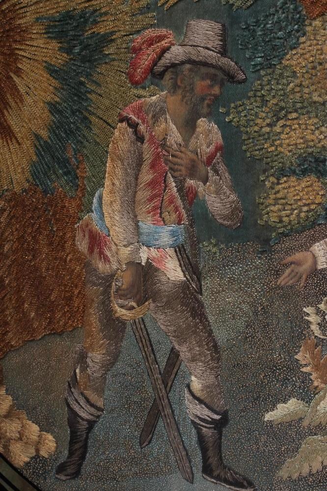 A GEORGIAN SILKWORK OVAL PANEL worked in coloured silks and chenille with various stitches depicting Image