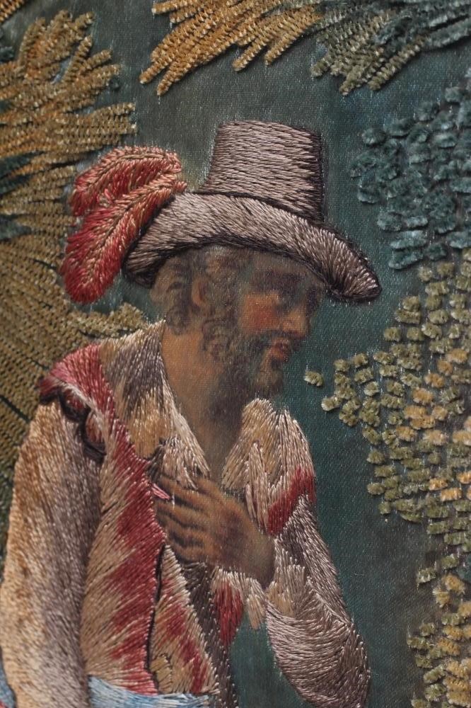 A GEORGIAN SILKWORK OVAL PANEL worked in coloured silks and chenille with various stitches depicting Image