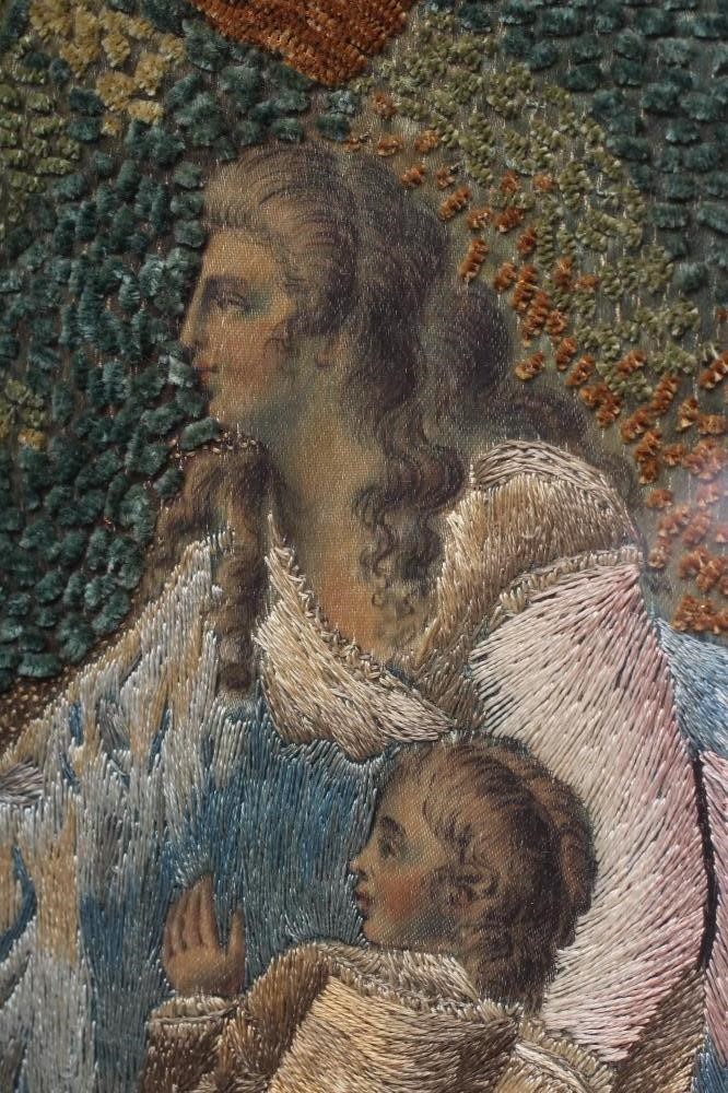 A GEORGIAN SILKWORK OVAL PANEL worked in coloured silks and chenille with various stitches depicting Image