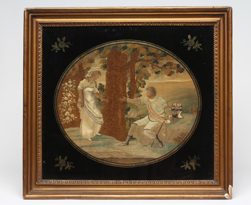 A GEORGIAN SILKWORK OVAL PANEL worked in coloured silks and chenille with various stitches depicting Image