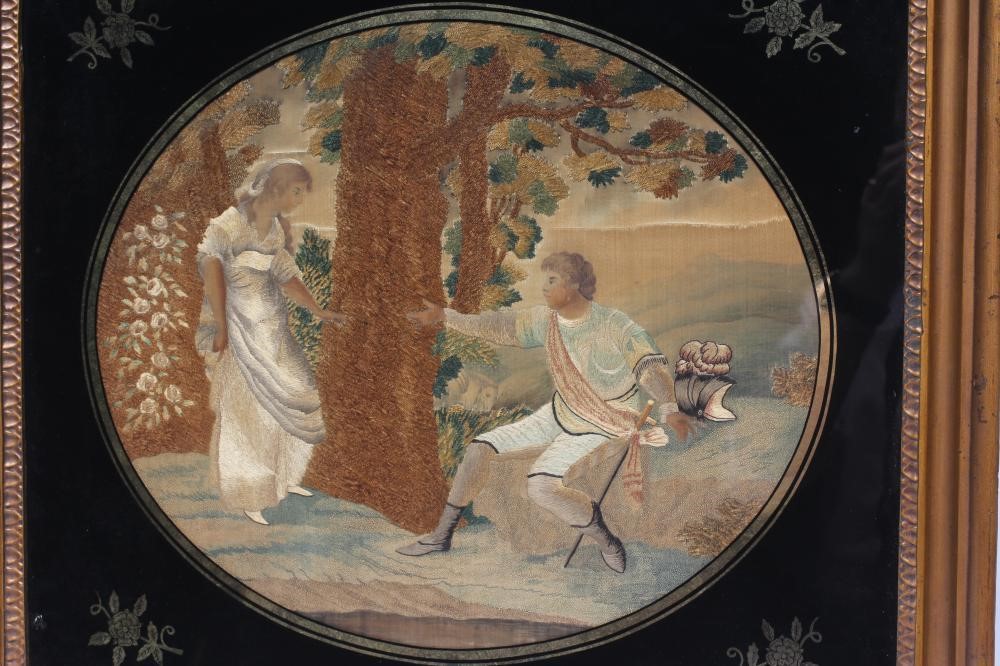 A GEORGIAN SILKWORK OVAL PANEL worked in coloured silks and chenille with various stitches depicting Image