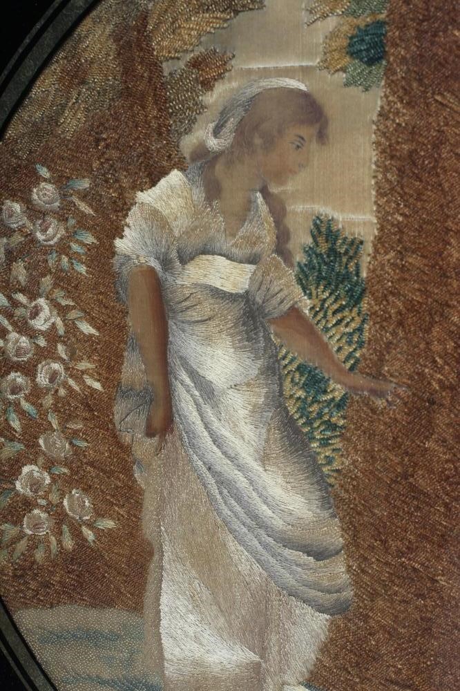 A GEORGIAN SILKWORK OVAL PANEL worked in coloured silks and chenille with various stitches depicting Image