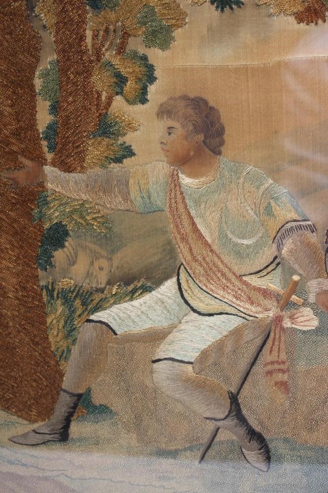 A GEORGIAN SILKWORK OVAL PANEL worked in coloured silks and chenille with various stitches depicting Image