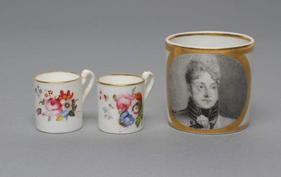OF ROYAL INTEREST- a French porcelain coffee can painted in black monochrome with the head and Image