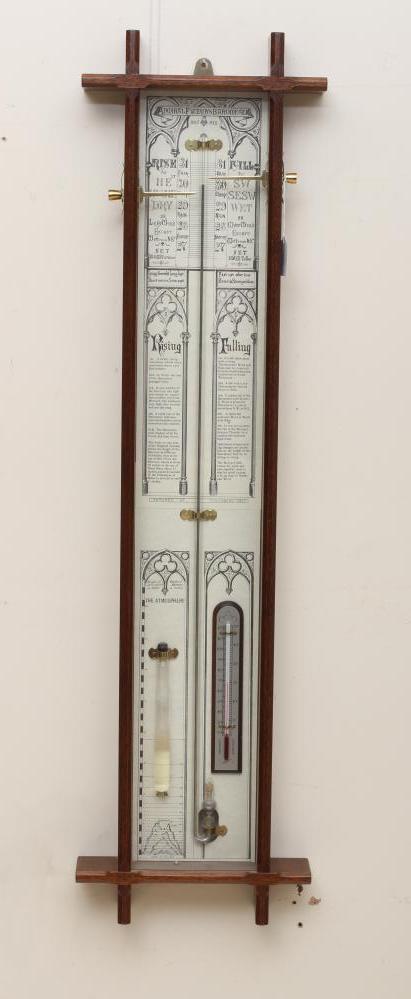 AN ADMIRAL FITZROY MERCURY BAROMETER with thermometer and Gothic style paper registers in chamfered Image