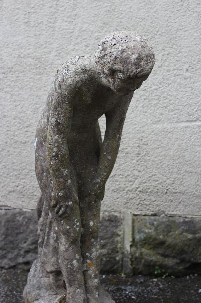 A PAIR OF COMPOSITION STONE POND SIDE FIGURES modelled as young nude girls leaning forward Image