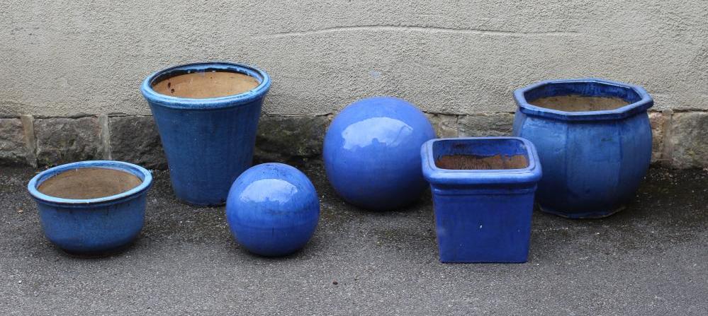 A BLUE GLAZED STONEWARE PLANTER of square tapering form with moulded rim Image