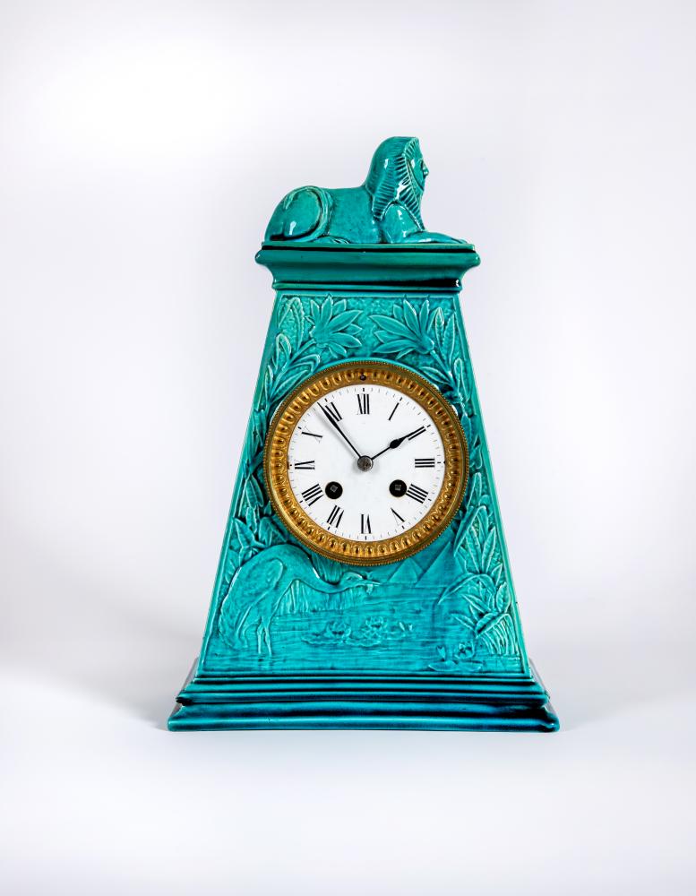 A BURMANTOFT'S FAIENCE TURQUOISE GLAZED AESTHETIC STYLE MANTEL CLOCK Image