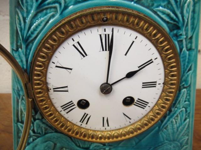 A BURMANTOFT'S FAIENCE TURQUOISE GLAZED AESTHETIC STYLE MANTEL CLOCK Image