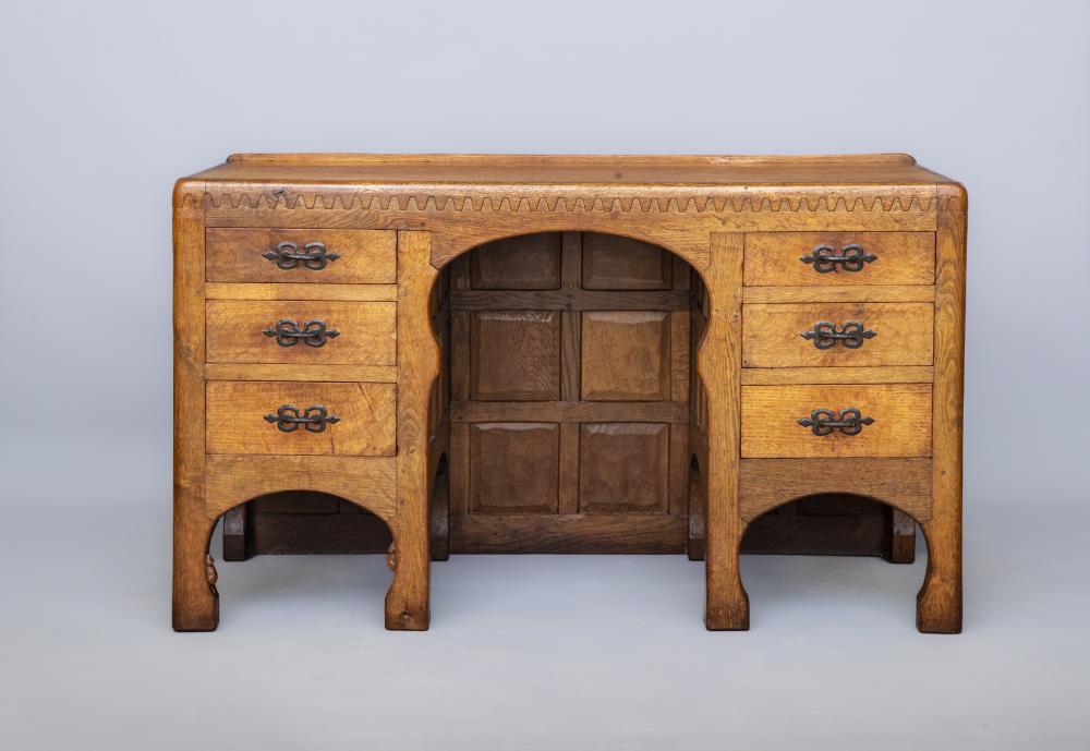 A ROBERT THOMPSON ADZED OAK PEDESTAL DESK Image
