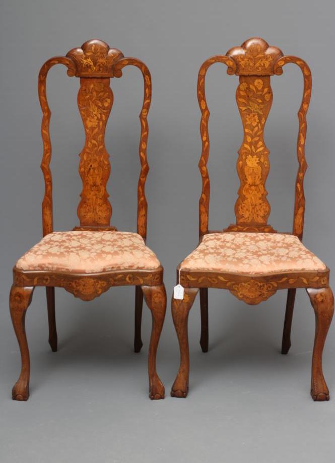 A PAIR OF DUTCH 18TH CENTURY STYLE BEECH AND FLORAL MARQUETRY SIDE CHAIRS Image