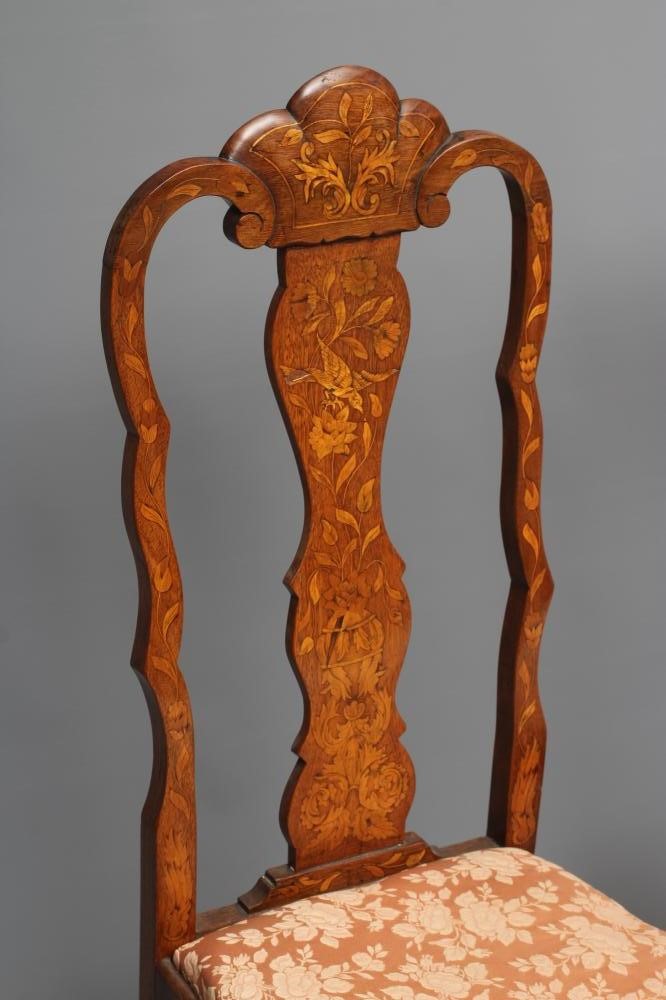 A PAIR OF DUTCH 18TH CENTURY STYLE BEECH AND FLORAL MARQUETRY SIDE CHAIRS Image