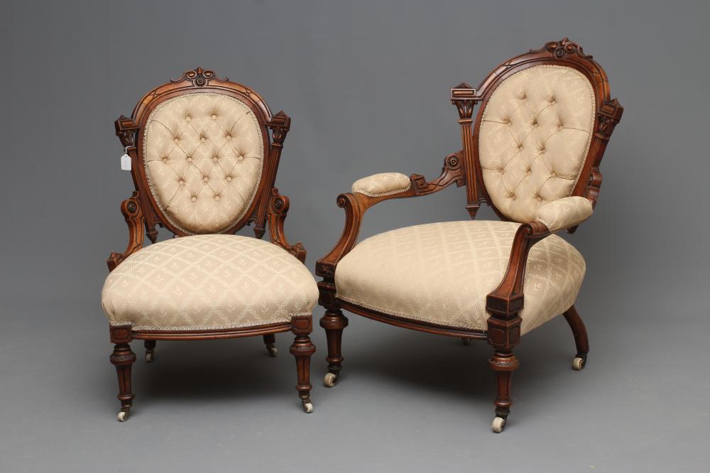 A LADY'S AND A GENTLEMAN'S VICTORIAN WALNUT SHOW FRAME EASY CHAIRS Image