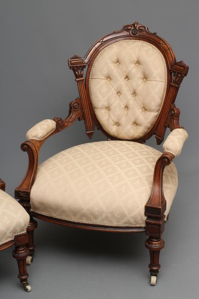 A LADY'S AND A GENTLEMAN'S VICTORIAN WALNUT SHOW FRAME EASY CHAIRS Image