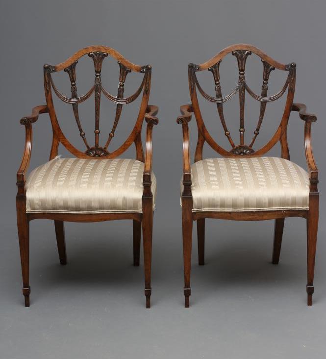 A PAIR OF GEORGIAN DESIGN MAHOGANY SHIELD BACK ELBOW CHAIRS Image