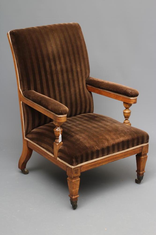 AN EDWARDIAN MAHOGANY AND STRING INLAID SHOW FRAME ARMCHAIR upholstered in brown striped velvet Image