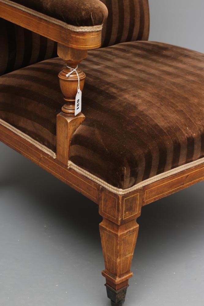 AN EDWARDIAN MAHOGANY AND STRING INLAID SHOW FRAME ARMCHAIR upholstered in brown striped velvet Image