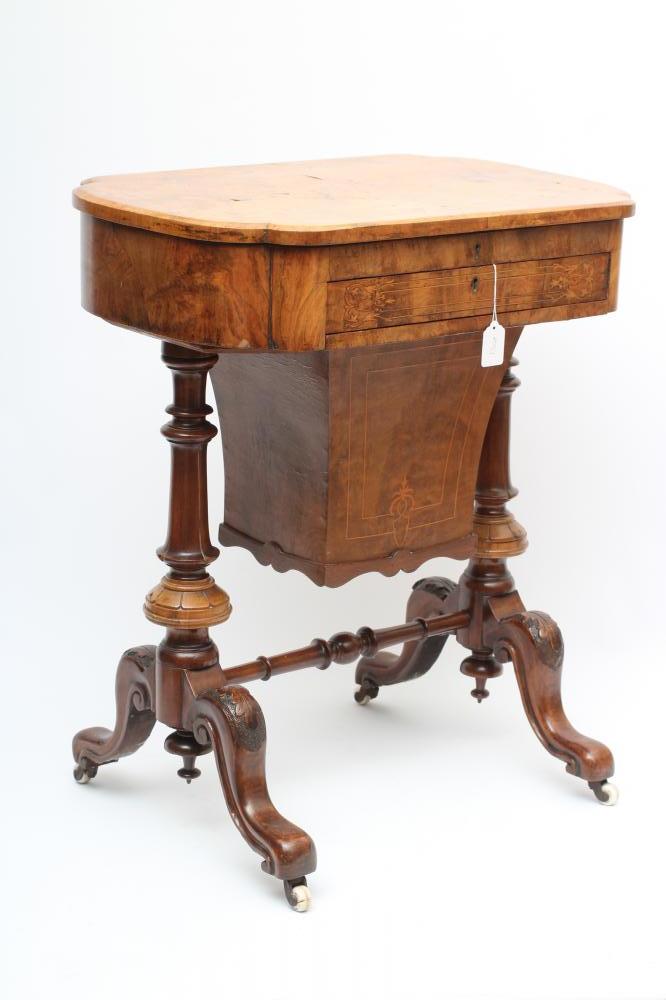 A VICTORIAN WALNUT AND MARQUETRY WORK TABLE of oblong form with rounded ends Image