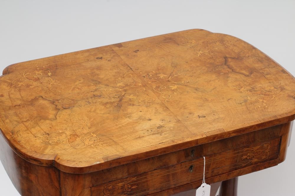 A VICTORIAN WALNUT AND MARQUETRY WORK TABLE of oblong form with rounded ends Image