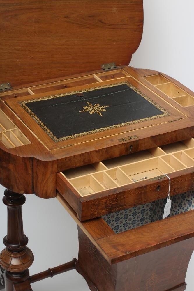 A VICTORIAN WALNUT AND MARQUETRY WORK TABLE of oblong form with rounded ends Image