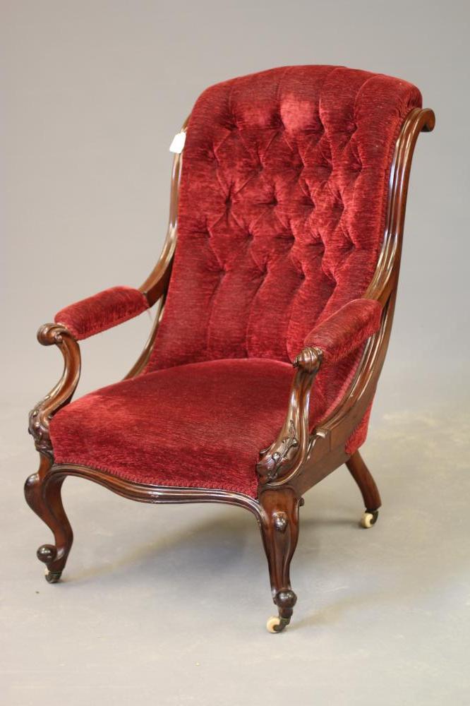 A VICTORIAN SHOW WOOD MAHOGANY ARMCHAIR button upholstered in red chenille by Gisbert Rentmeister Image