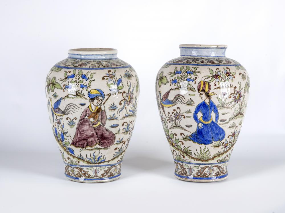 A LARGE PAIR OF PERSIAN EARTHENWARE VASES of inverted baluster form Image