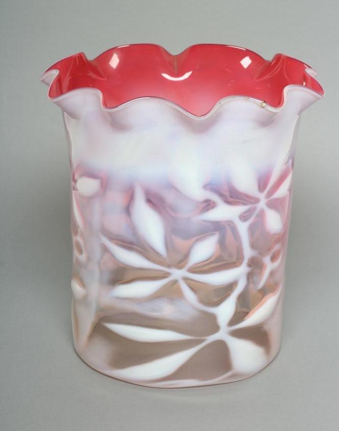 A LATE VICTORIAN SHADED CRANBERRY GLASS SHADE of cylindrical form with frilled rim and white opaque Image