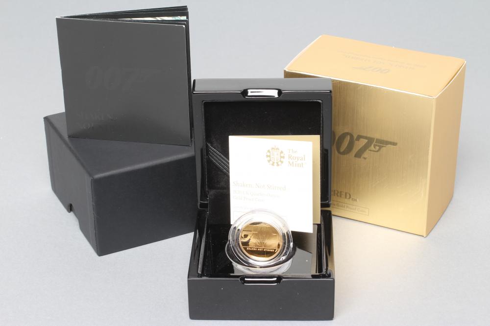 AN ELIZABETH II 007 "SHAKEN NOT STIRRED" 1/4 OZ GOLD PROOF COIN Image