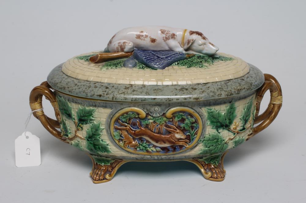 A VICTORIAN MINTON MAJOLICA GAME PIE DISH AND COVER of oval basket weave form with naturalistic Image