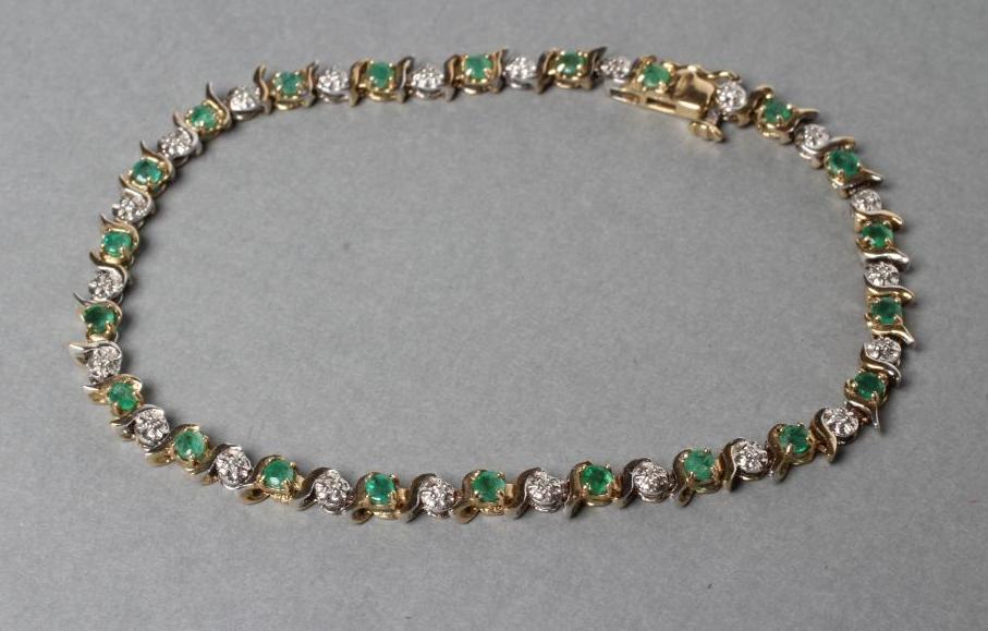 AN EMERALD AND DIAMOND BRACELET claw set with twenty two emeralds and twenty one diamond points with Image
